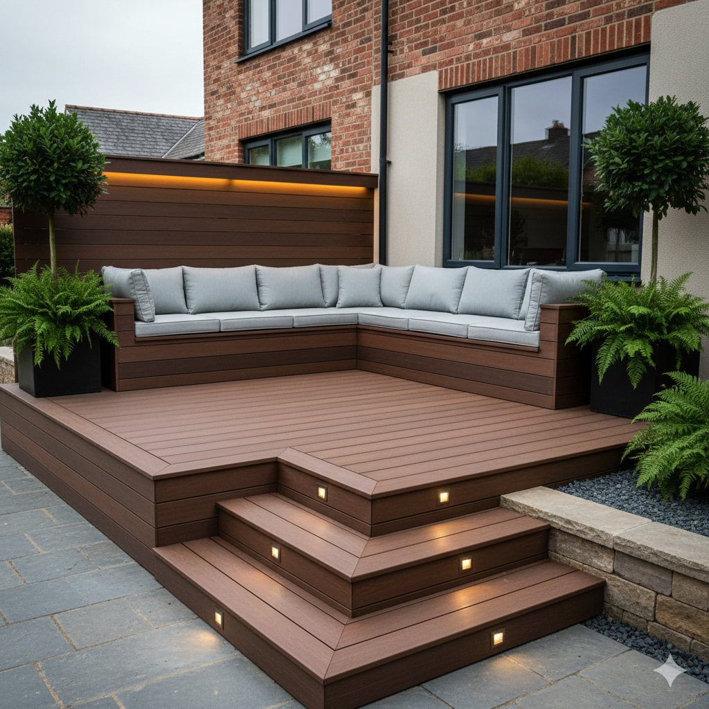 Smart garden decking with raised seating